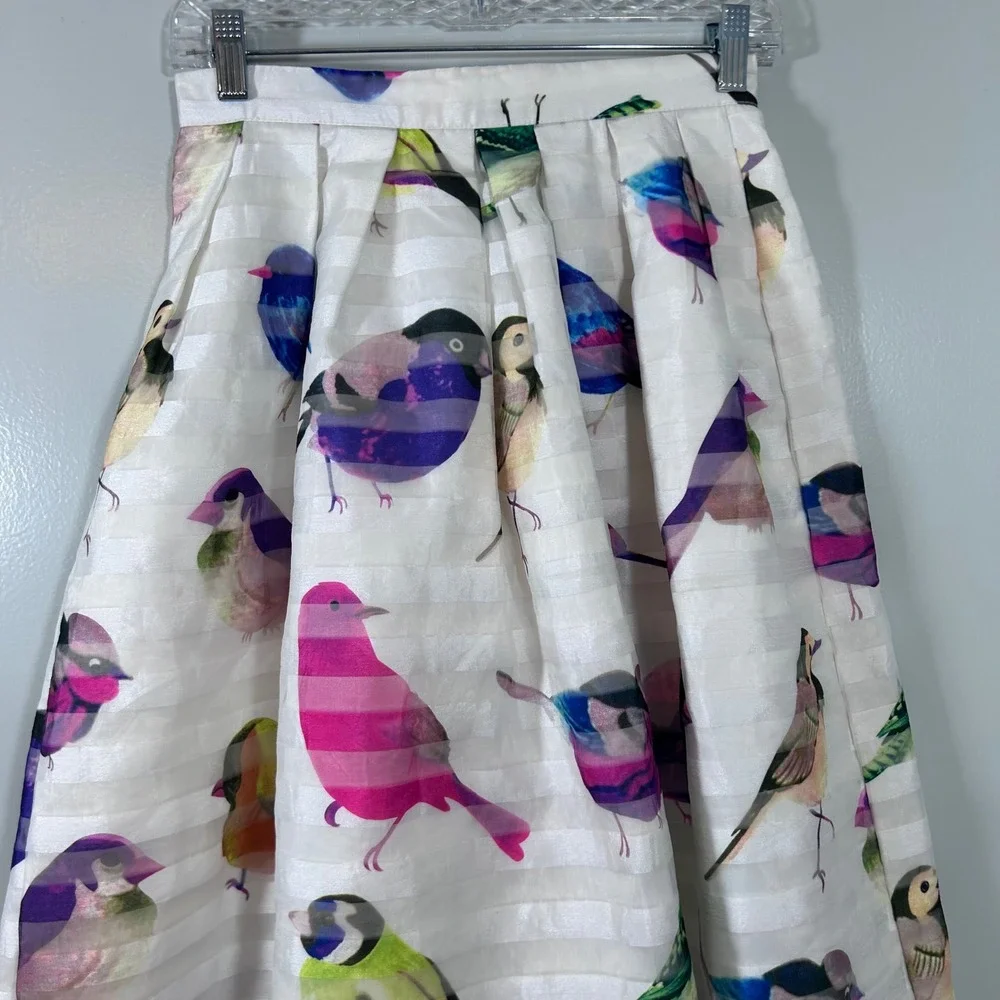 Chicwish White Bird Print Pleated Midi Skirt Small Colorful Whimsical A-Line